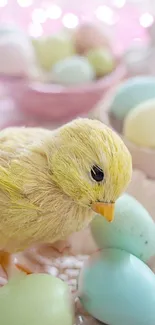 Cute Easter chick surrounded by pastel eggs.