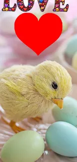 Cute Easter chick with colorful eggs and love heart.