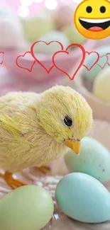 A cute chick with pastel eggs and heart graphics on a pink background.