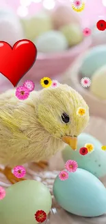 Cute Easter chick with colorful eggs and a heart.