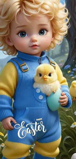 Cute child with chick, perfect Easter theme wallpaper.