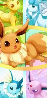 Cute Eevee and evolutions mobile wallpaper, vibrant and colorful design.