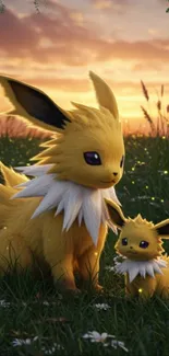 Cute electric creatures at sunset in a scenic field.