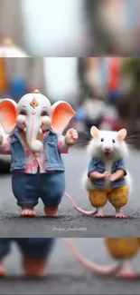 Cute elephant and mouse duo in urban setting, vibrant and playful design.