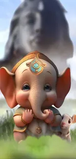 Adorable baby elephant with mouse in a fantasy landscape.