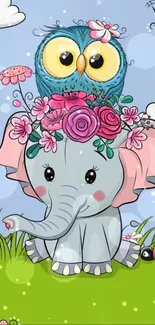 Cute cartoon elephant with flowers and owl under a blue sky.