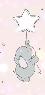 Cute elephant holding a star with a pastel pink background.