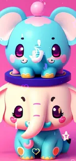 Cute cartoon elephants with vibrant pink background.