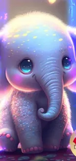 Cute cartoon elephant with big eyes in a glowing lavender setting.