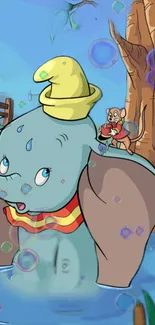 Cute elephant and mouse cartoon with bubbles and colorful background.