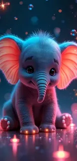 Adorable fantasy elephant with glowing effects and bubbles, perfect for mobile wallpaper.