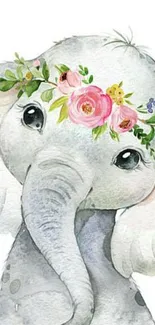 Cute elephant with floral crown wallpaper.