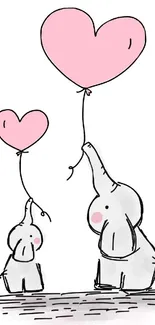 Two elephants with pink heart balloons, cute mobile wallpaper.