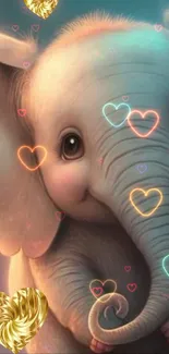 Cute elephant with colorful hearts mobile wallpaper in pink and gold tones.