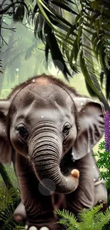 Cute baby elephant in a lush green jungle setting.