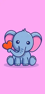 Adorable cartoon elephant holding a heart on a pink background.