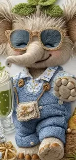 Cute cartoon elephant holding a green smoothie in blue overalls.