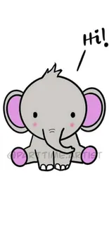 Cute grey elephant cartoon with pink ears on white background.