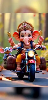 Cartoon elephant riding motorcycle in forest.