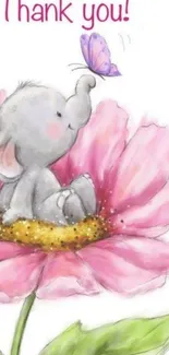 Cute elephant on pink flower with butterfly illustration.