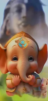 Cute baby elephant with spiritual idol in vibrant art style.