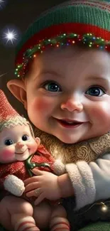 Adorable baby elf holding a doll under twinkling stars.