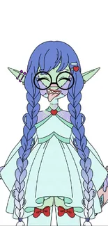 Cute elf with glasses and braids in a mint green dress on a mobile wallpaper.