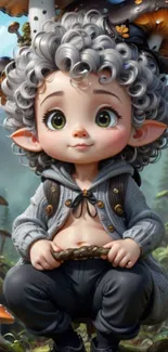 Cute elf character in a fantasy mushroom forest.