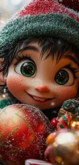 Festive animated elf with bright eyes and holiday decorations.