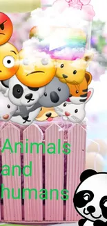 Cute emoji-and-animal-themed mobile wallpaper with pink background.