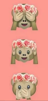 Three cute emoji monkeys with flower crowns on a pink background.