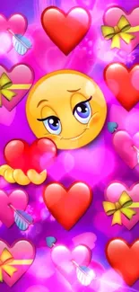 Smiling emoji with red and pink hearts on a purple background wallpaper.