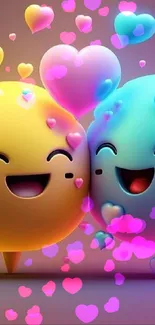 Cute emoji wallpaper with colorful hearts and smiling faces.