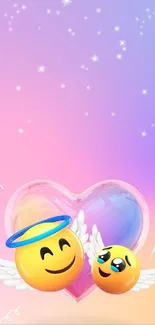 Colorful emoji heart wallpaper with wings and stars.