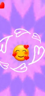 Cute mobile wallpaper with emoji and hearts on purple background.