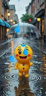 Cartoon emoji holding umbrella on rainy street.