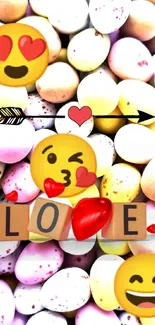 Cute emoji love wallpaper with colorful eggs.