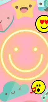 Pink wallpaper with happy emojis and smiley faces.