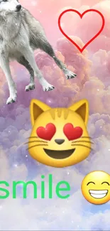 Wolf with heart and cat emoji on pastel clouds.