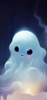 Cute ethereal spirit glowing on a dark mobile wallpaper background.