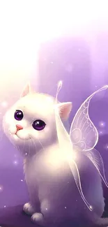 Adorable wallpaper of a white fairy cat with wings against a purple background.