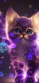 A cute cat with purple fairy wings glowing softly in fantasy setting.