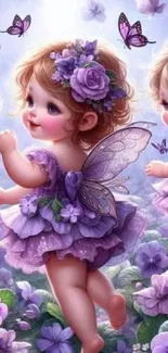 Cute fairy children in a field of purple flowers with butterflies.