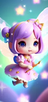 Cute fairy illustration with purple hues and magical pastel accents.