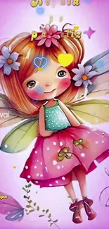 Adorable fairy girl with colorful wings and a pink dress.