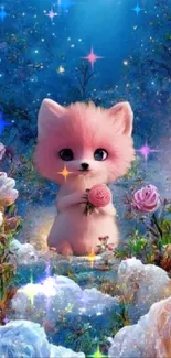 Fantasy wallpaper with cute pink fox and floral background.