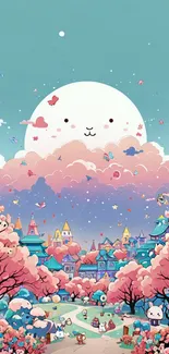 Cute fantasy landscape with moon and pastel clouds.