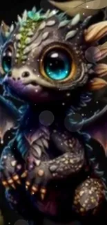 Cute baby dragon with big eyes in a mystical fantasy setting.