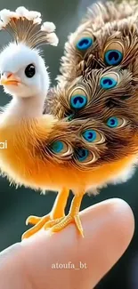 Fantasy bird with peacock feathers on a fingertip.