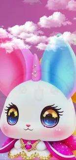 Cute fantasy bunny with pink and blue ears in a dreamy cloud setting.